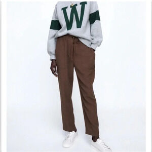 Zara Women’s Brown Textured Straight Drawstring Pants Size XS